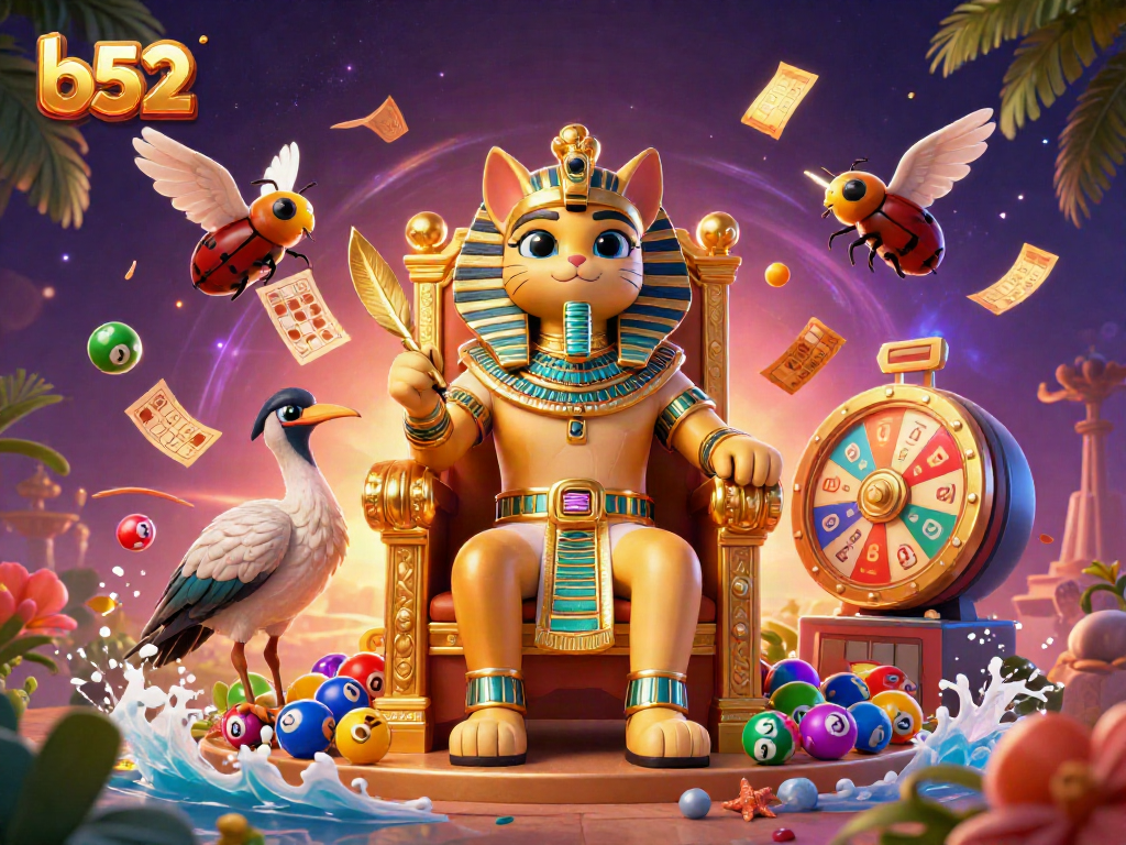 B52 online casino illustration featuring a 3D Egyptian pharaoh cat and ibis scribe among dynamic lottery elements.