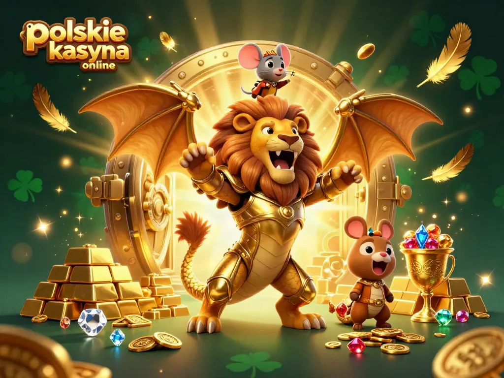 Play and win at polskie kasyna online with this vibrant casino scene filled with golden treasures and lucky symbols.