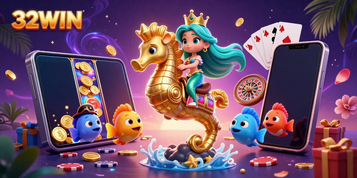 Experience thrilling gameplay with 32WIN in this vibrant 3D scene featuring exciting gambling elements.