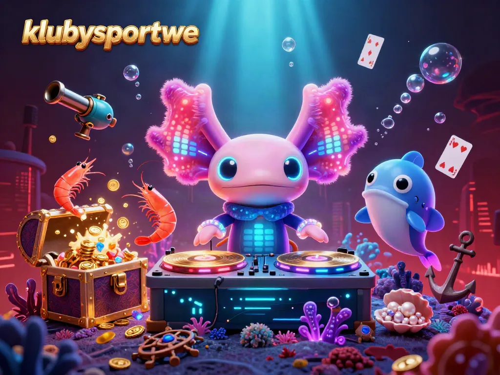 klubysportowe axolotl DJ spins in a vibrant underwater casino scene with colorful gems.