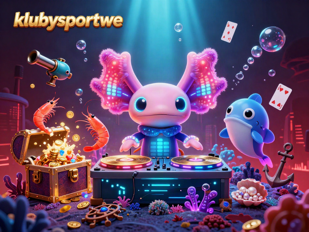 klubysportowe axolotl DJ spins in a vibrant underwater casino scene with colorful gems.
