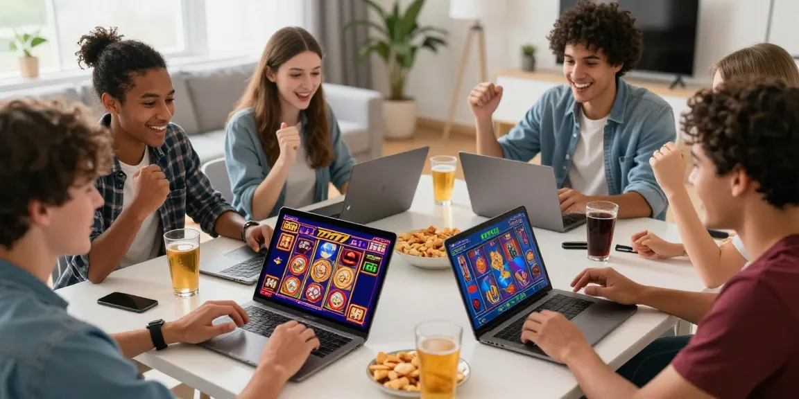 Friends playing slot777 games on tablets and laptops in a lively home setting.