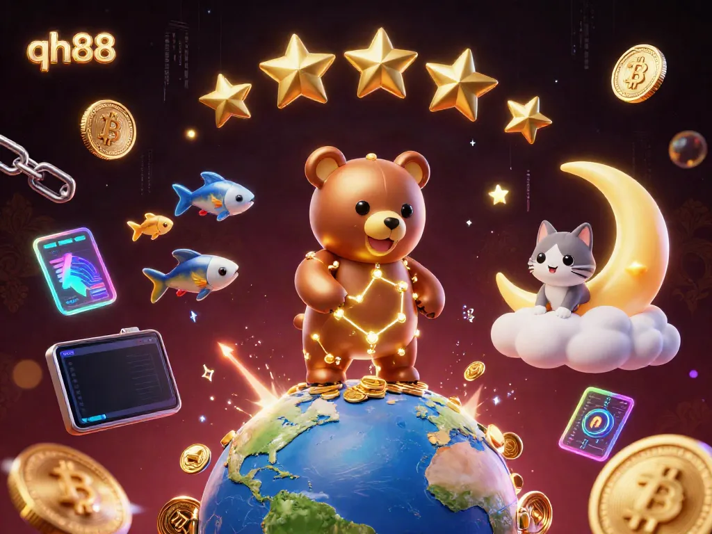 Engage in exciting gaming at qh88 with stunning golden star-themed visuals and crypto elements.