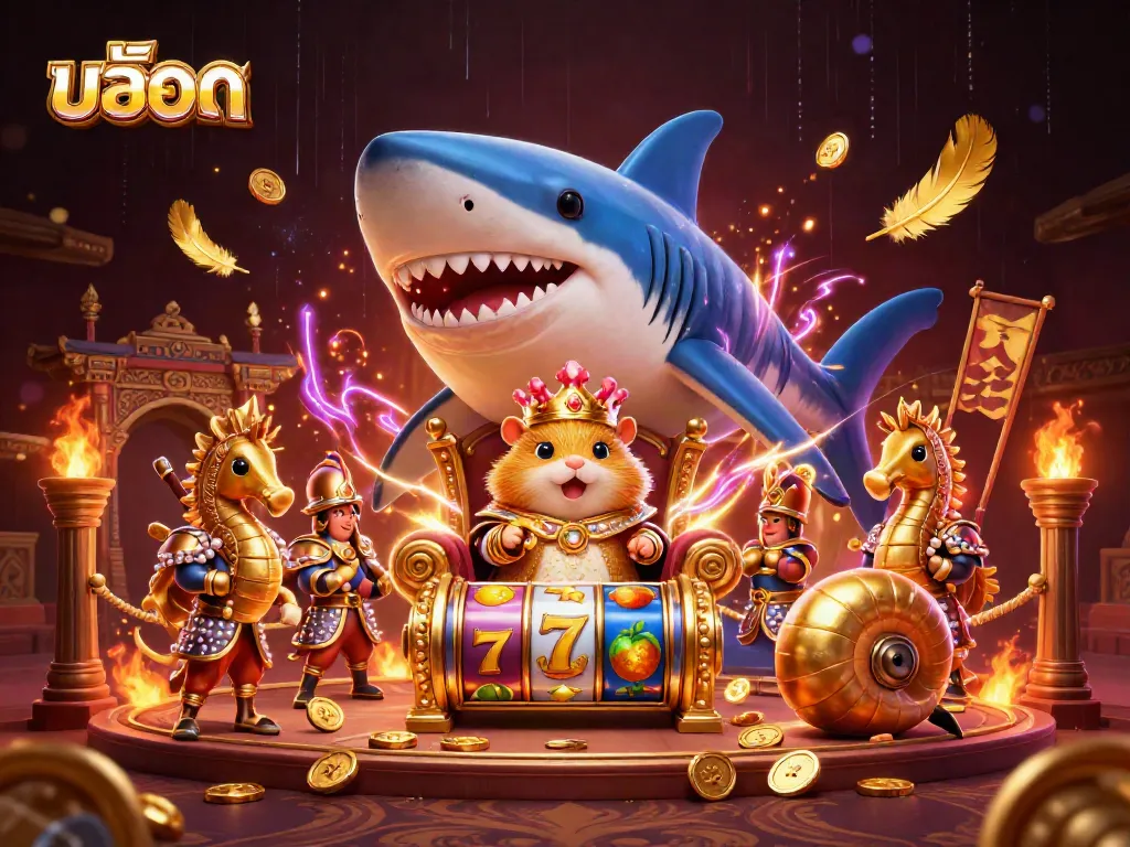 Engage with slots: Dynamic scene of a fierce hamster king in a casino with vibrant slot elements.