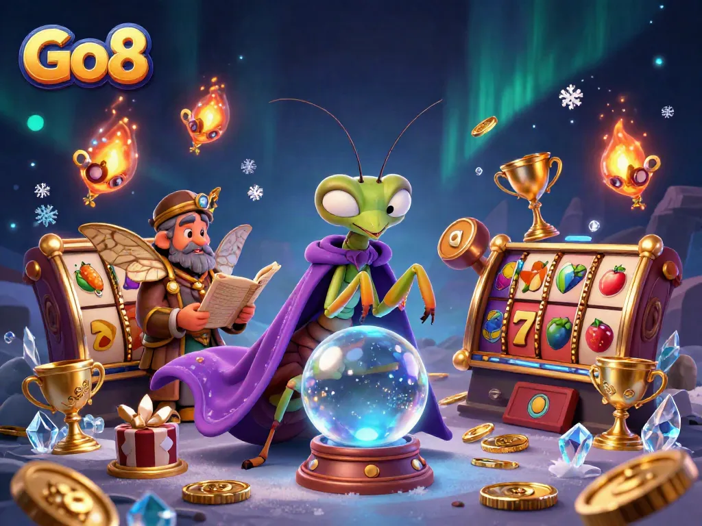Experience GO8 with a vibrant, dynamic casino scene featuring iconic slot elements and fantasy characters.