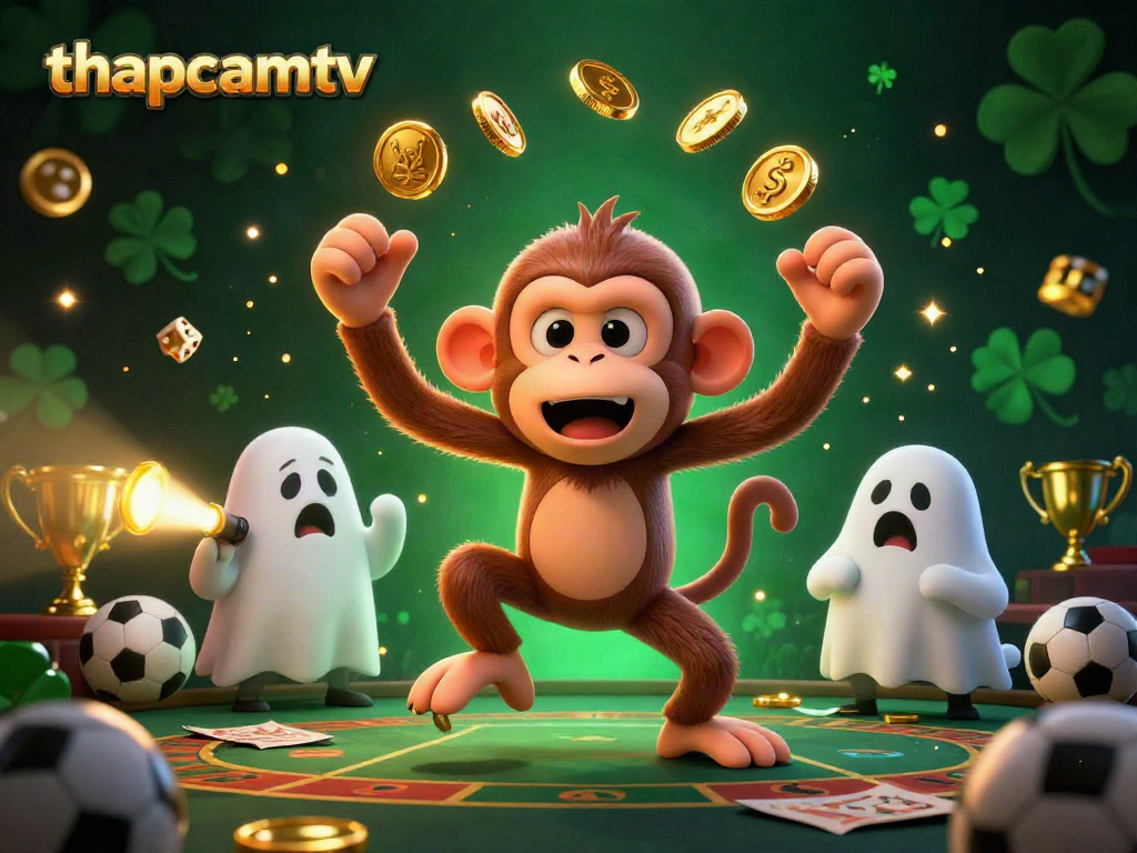 Captivating thapcamtv illustration showcasing an invisible monkey juggling gold coins and cards in a haunted casino scene.