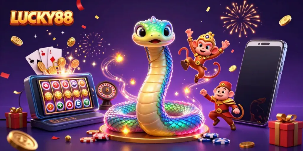 Engage with LUCKY88's vibrant gambling atmosphere featuring thrilling game elements in an enchanting scene.