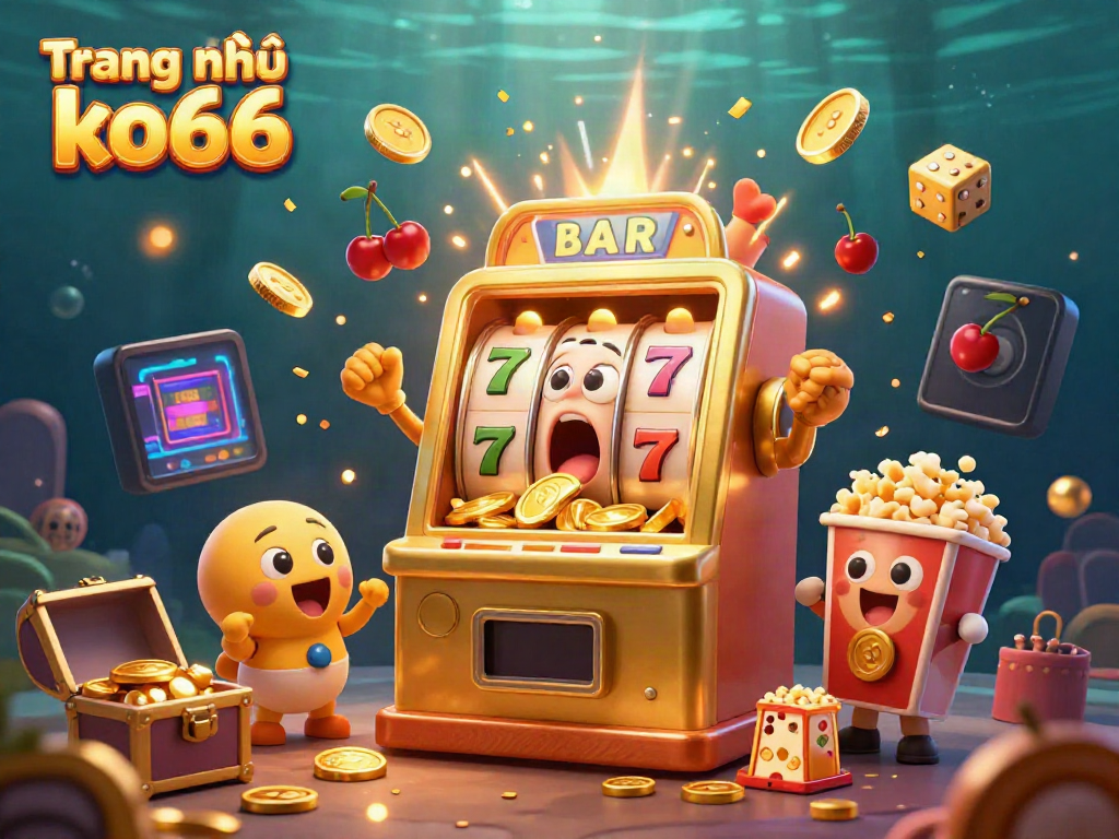 Experience the excitement at Trang chủ ko66 with a captivating scene of a golden slot machine hitting a jackpot, surrounded by cheering baby machines and festive casino elements.