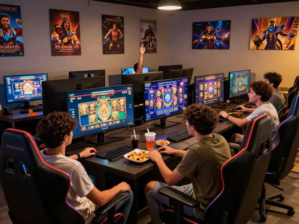 Friends enjoying a thrilling slot gaming session in a modern lounge.