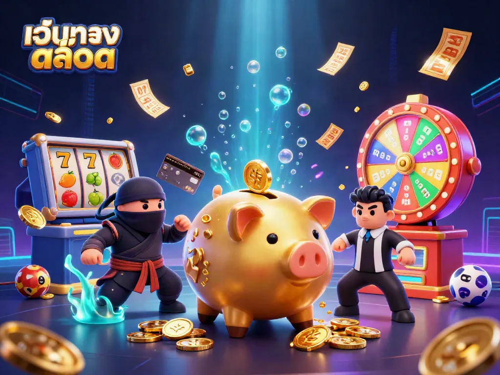 Engage with เว็บตรงสล็อต as golden coins rain down from the sumo wrestler amidst vibrant slot reels.