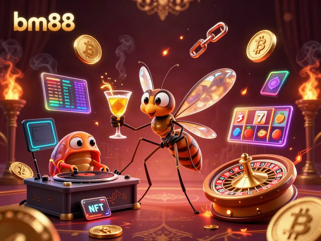 Experience the vibrant atmosphere of bm88 with a lively casino scene featuring a frozen mosquito mascot and unique game elements.