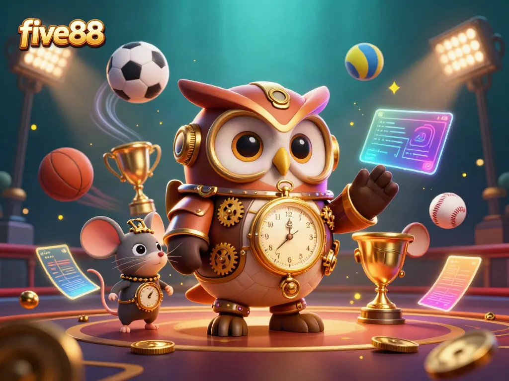 Experience the excitement of betting at five88 with a dynamic casino-themed 3D scene featuring sports elements, vibrant characters, and golden effects.