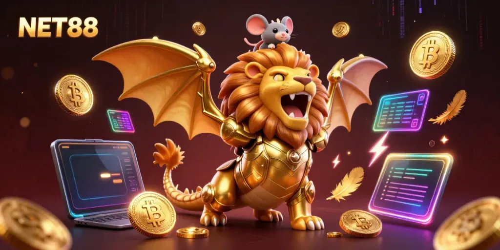 Engage with NET88's thrilling 3D casino experience featuring a majestic chimera and crypto elements.