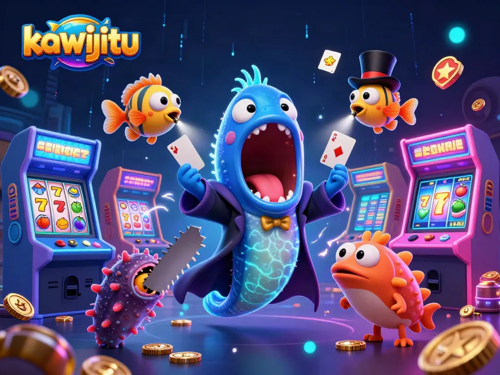 Kawijitu slot machine dengan gulper eel melakukan trik, menyorot pada anglerfish magis.