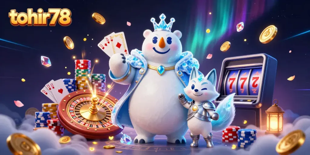 Engage in thrilling gameplay with tohir78 featuring a majestic polar bear and fox amidst vibrant casino elements.