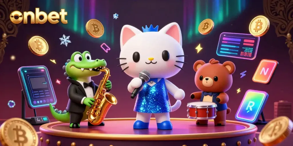 Engage with onbet in a vibrant casino scene featuring a jazz-singer cat, sax-playing crocodile, and drumming bear cub.