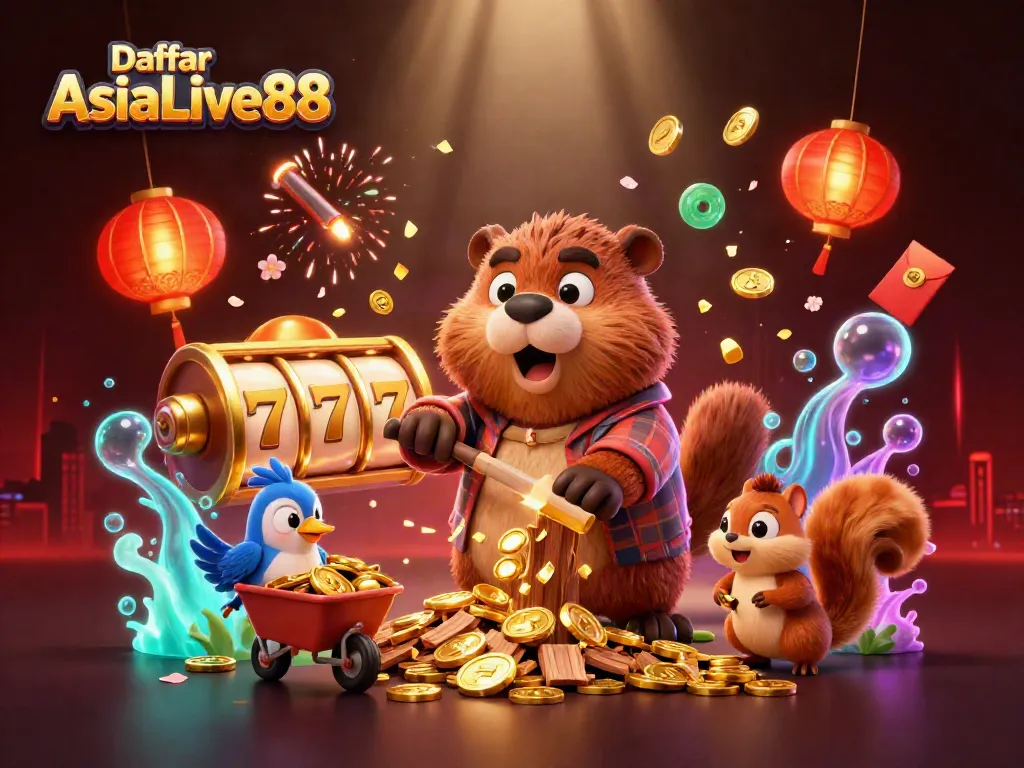 Play exciting slots and win with Daftar AsiaLive88, featuring a playful beaver and vibrant casino elements.