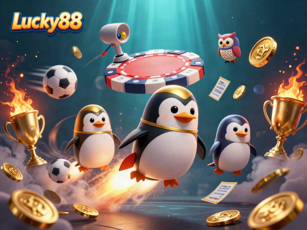 Experience Lucky88 as a penguin in space heads towards a casino chip, surrounded by sports elements.