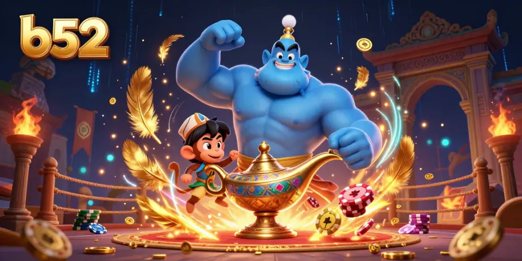 Join the vibrant b52 casino scene with a genie, monkey, and poker chips, amidst gold coins and magical effects.