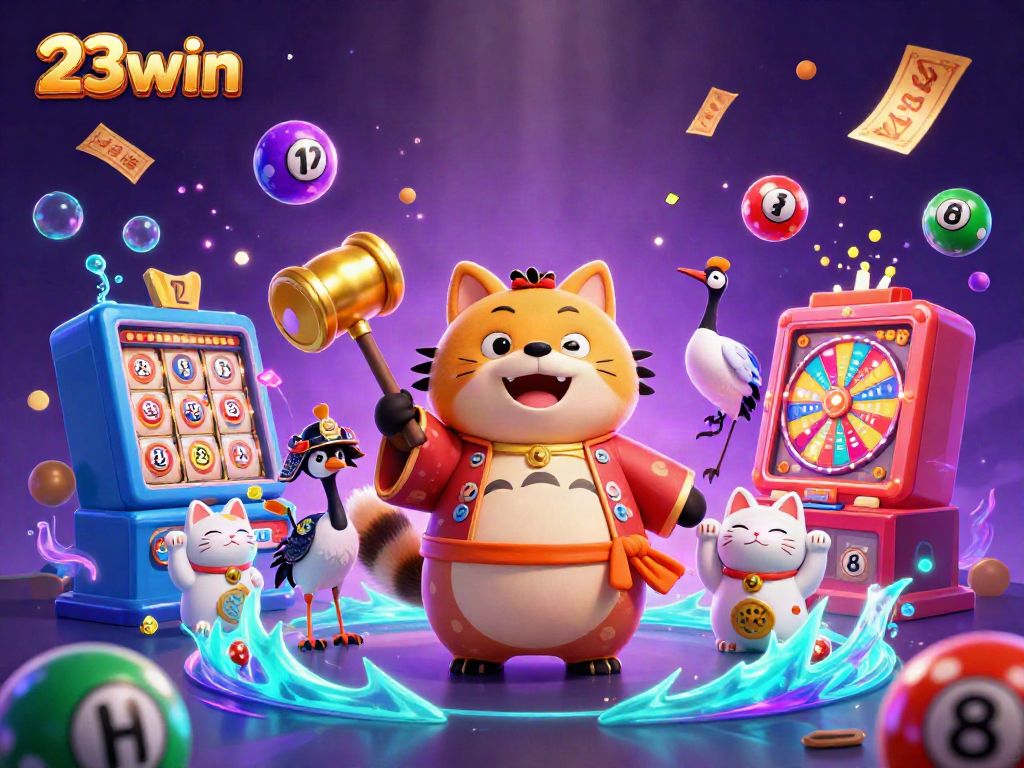 Experience immense fun with 23win, featuring a cheerful tanuki, lucky symbols, and vibrant casino elements.