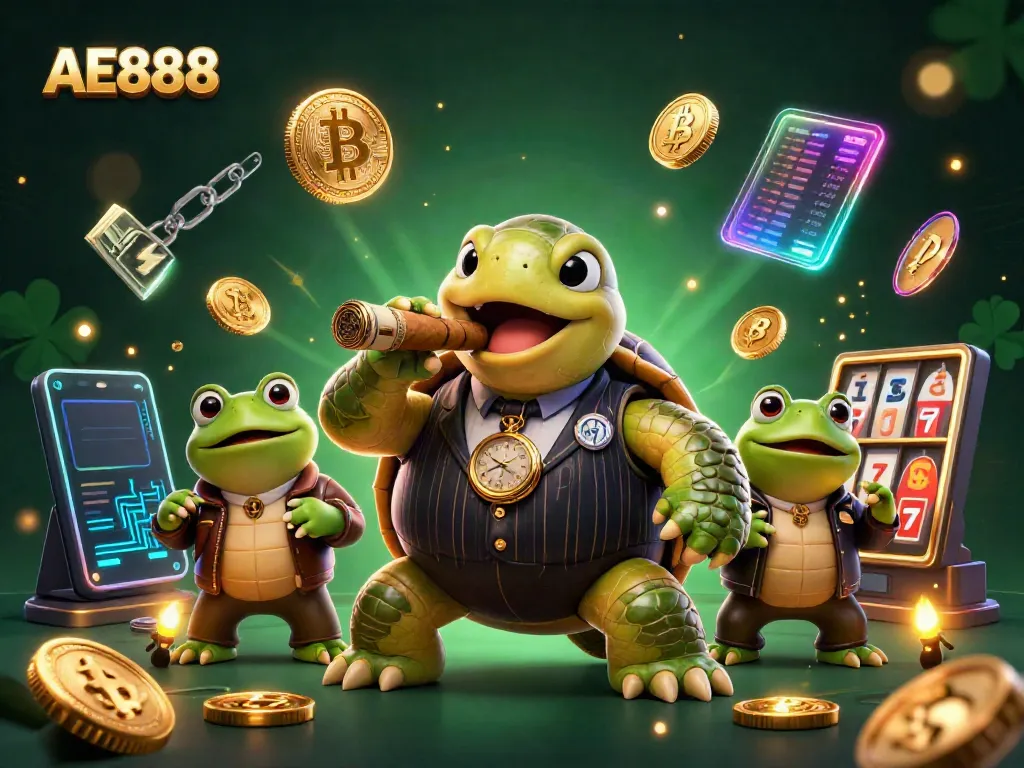 Engage with AE888's vibrant casino scene featuring a snapping turtle mobster and bullfrog enforcers.