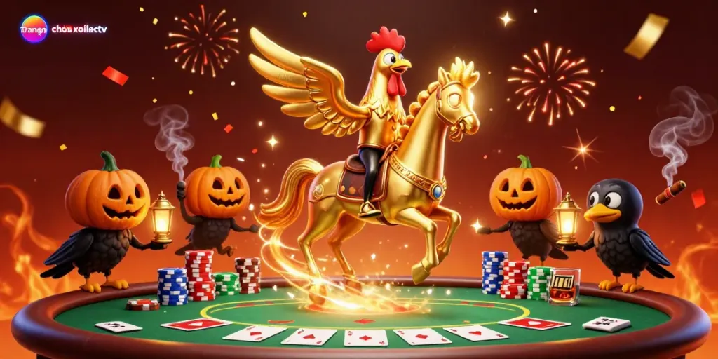 Experience the excitement of Trang chủ xoilactv with golden rooster characters in a vibrant casino scene.