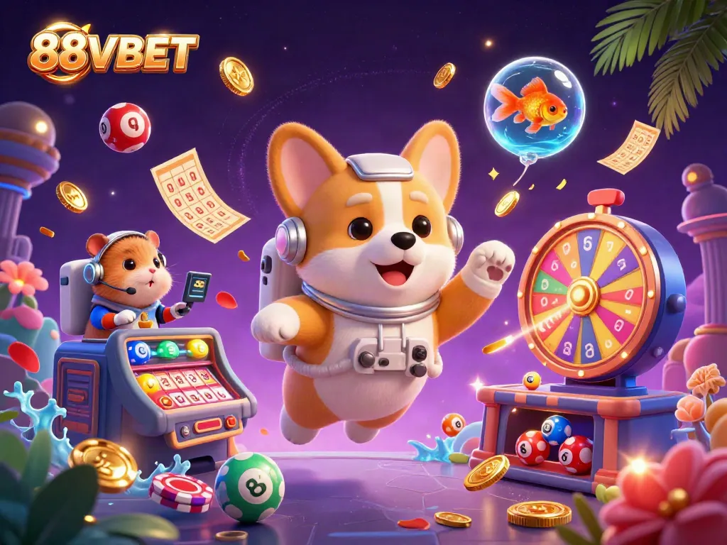 Engage with the fun-filled adventures of 88VBET as characters dive into thrilling gaming action in a space casino setting.