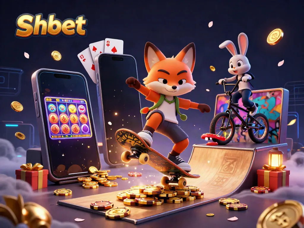 Engaging shbet illustration featuring a skateboarder fox and BMX rabbit in a vibrant casino-themed scene.