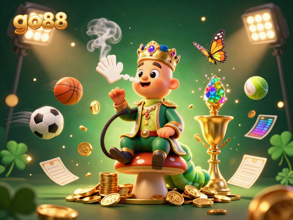 Experience thrills at go88 with the colorful gambling illustration featuring a caterpillar master and dynamic game elements.