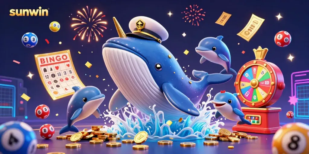Experience exciting moments with sunwin's giant whale and playful dolphins in a colorful casino scene.