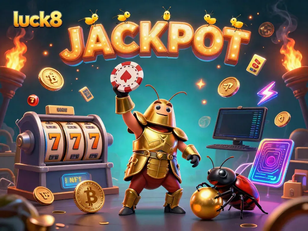 Luck8 jackpot scene featuring a heroic beetle with poker chips and vibrant slot game elements.