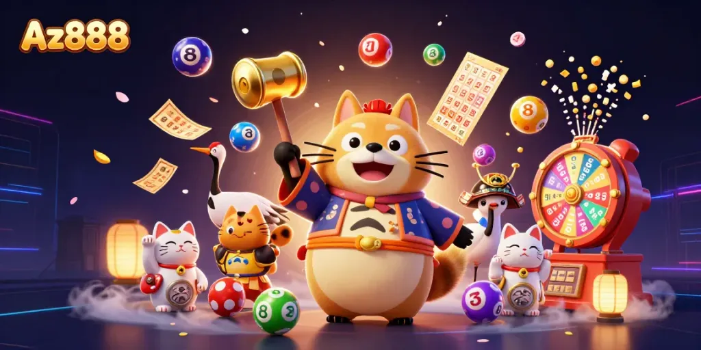 Experience thrilling gameplay with Az888, featuring colorful lottery elements and cheerful festival characters.