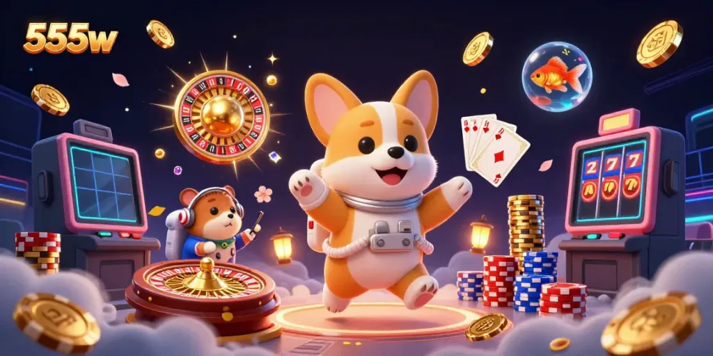 Engage with casino games in a thrilling galaxy-themed 555w illustration of astronauts and vibrant casino elements.