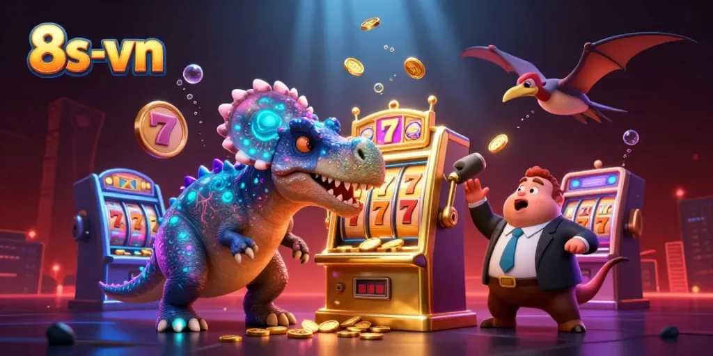 Experience the thrill of the 8s-vn jackpot with a cartoon pachycephalosaurus winning coins at a vibrant slot machine.