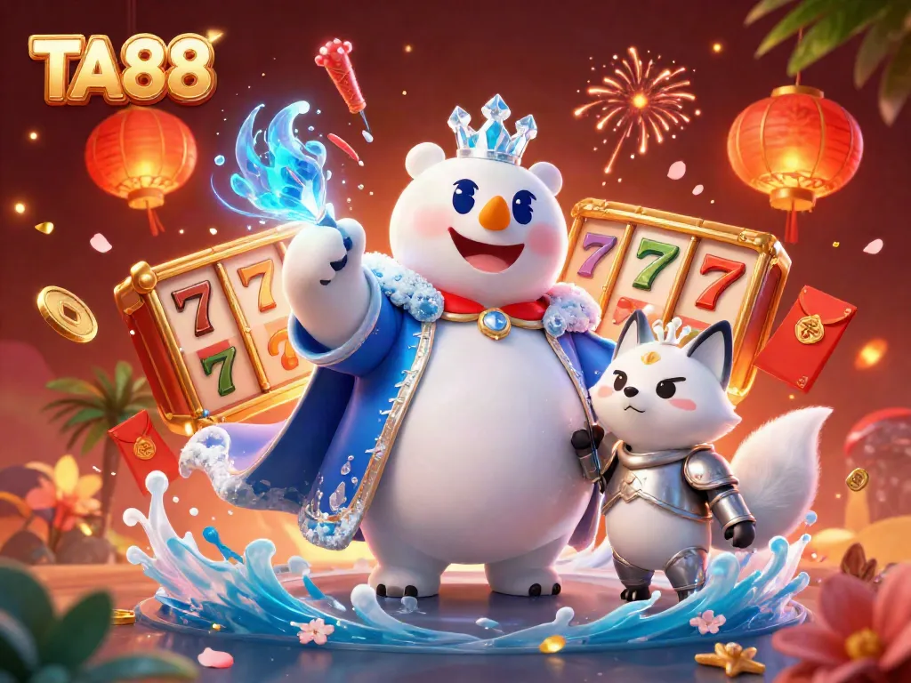 TA88 promotes a thrilling gaming experience with 3D cartoon polar bear and fox, highlights slot reels and festive decorations.