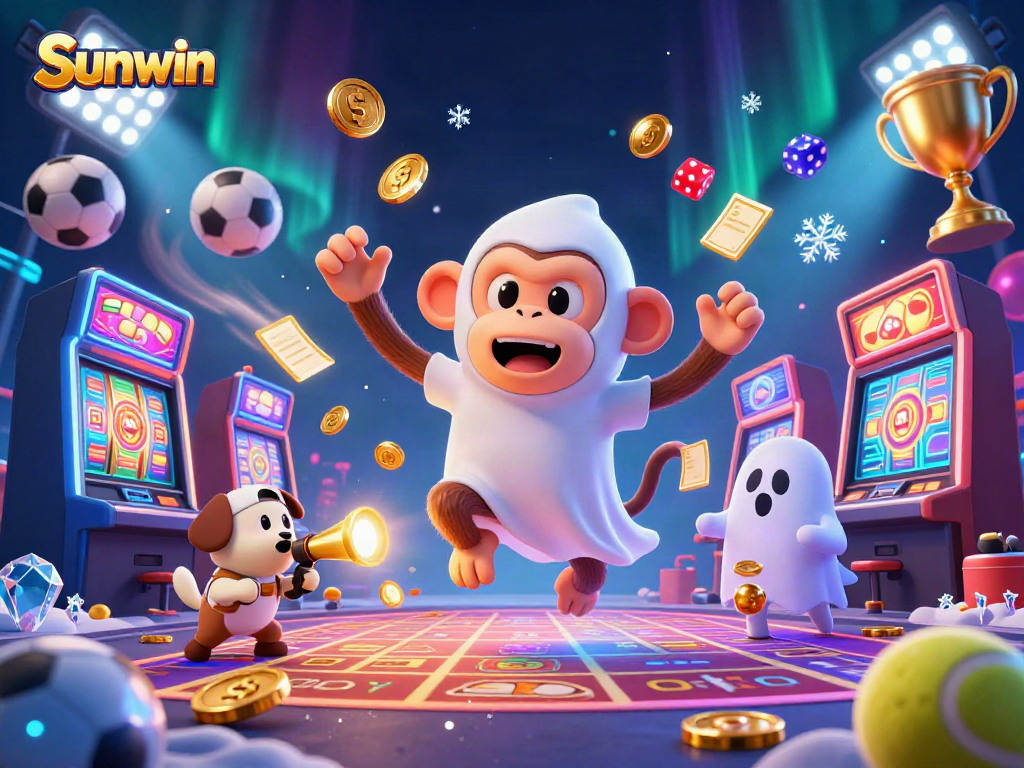 Engage in thrilling action with Sunwin as a mischievous monkey and a curious puppy explore a vibrant casino scene.