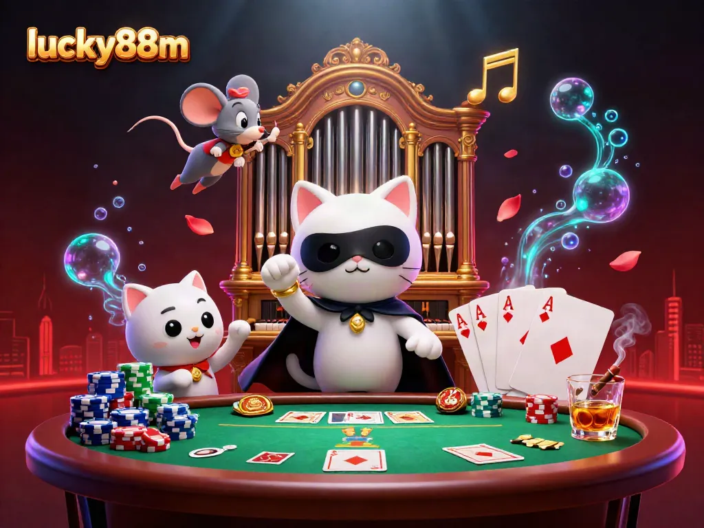 Experience lucky88m's exhilarating casino atmosphere with a vibrant scene featuring a whimsical cat and acrobat.