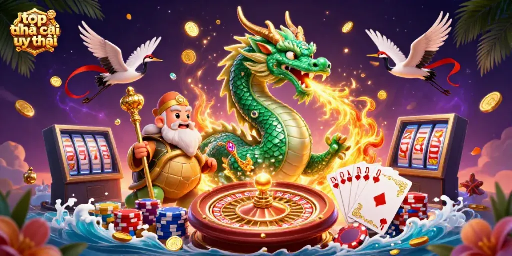 Engage in the excitement of top nhà cái uy tín with an illustration of a jade dragon, turtle sage, and lucky cranes.