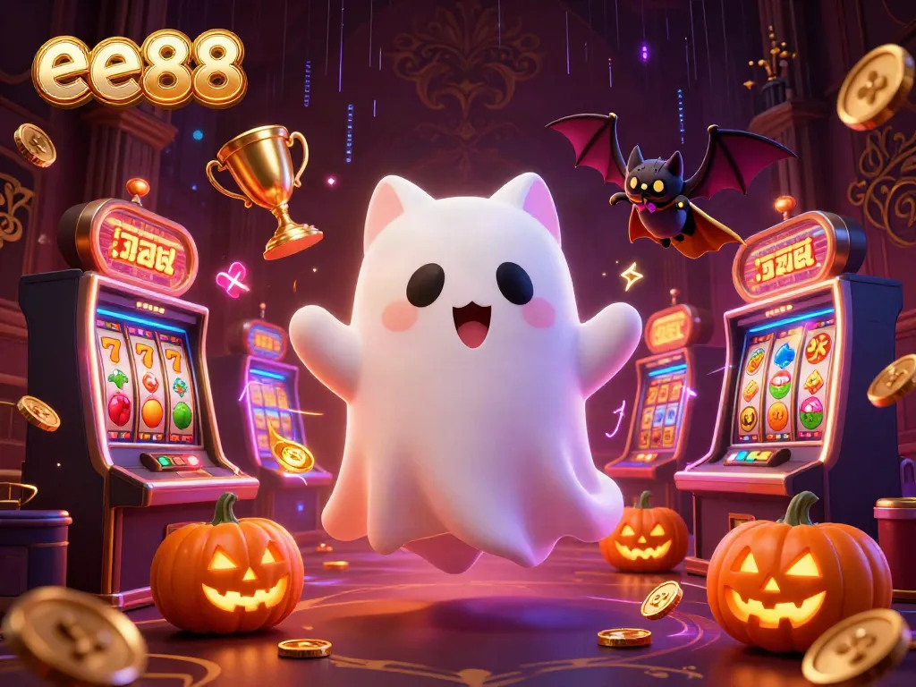 Experience thrilling gaming with ee88 in a haunted casino scene filled with animated characters and slot elements.