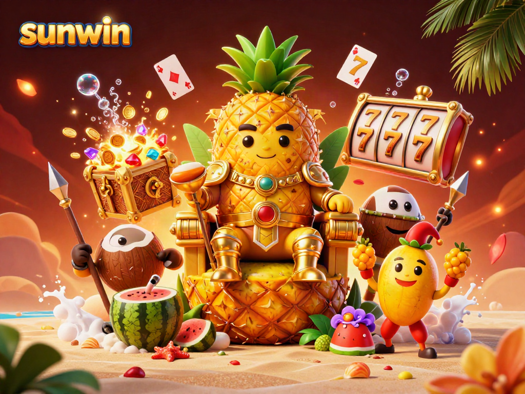 Win with sunwin at an enchanting beach casino, featuring tropical characters and gold coins.