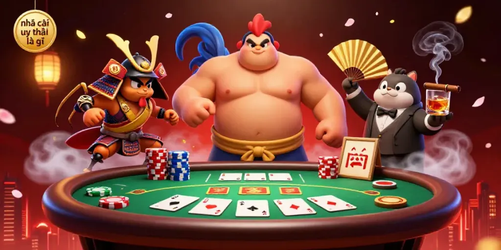 Engage with the vibrant scene featuring powerful characters depicting nhà cái uy tín là gì in a dynamic poker setting.